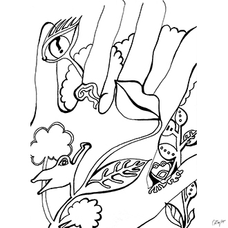 Dessin encre noire main magie girafe grenouille imaginaire imagination 